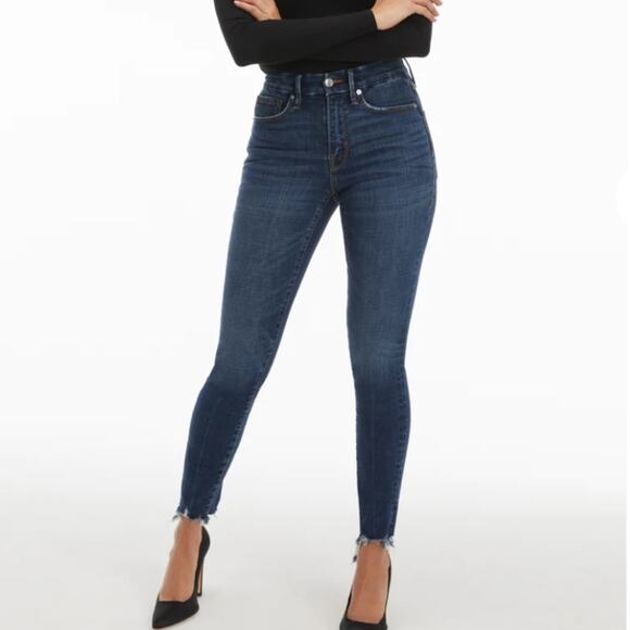 Good American Good Legs Skinny Jeans Raw Hem Stretch Dark Denim NWT 2/26 - Picture 1 of 11